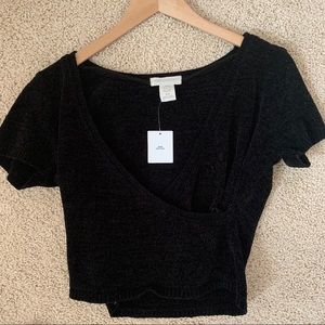 UO Short Sleeve Surplice Chenille Sweater